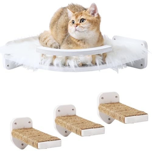 COOLEX Katzen-Wandregale, 3 Stufen, Kratzbaum & Hängemattenbett, Eck-Katzenmöbel mit Plüschbezogenem Kletterregal für Indoor-Katzen (Weiß)