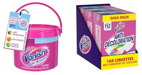 Vanish Oxi Action Booster de Lavage - Détachant Textile et Anti-décoloration - Poudre efficace dès 20° - Pot de 2,7 Kg+Vanish Lingettes Anti-Décoloration - Pack 3x56 Lingettes Détachantes