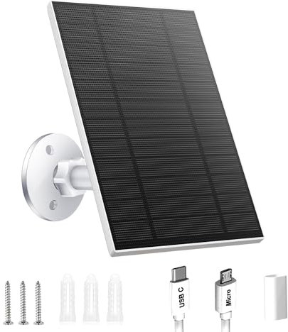 5 W Solarpanel für Überwachungskamera, Solarpanel mit Micro-USB- und USB-C-Anschluss für DC 5 V wiederaufladbare Akku-Kamera, IP65 wasserdicht, 360° verstellbare Sicherheitshalterung, 3 m Kabel (1)