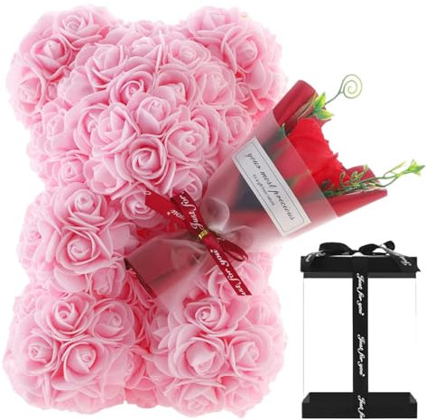 Amesor Rosenbärs - Blumenbär Mit Geschenkbox | Künstliche Rosenbären Mit Rosenstrauß | Romantisch Rosen Teddybär Geschenk Für Weihnachten, Valentinstag, Geburtstag, Muttertag, Jubiläum (24 X 16 cm)