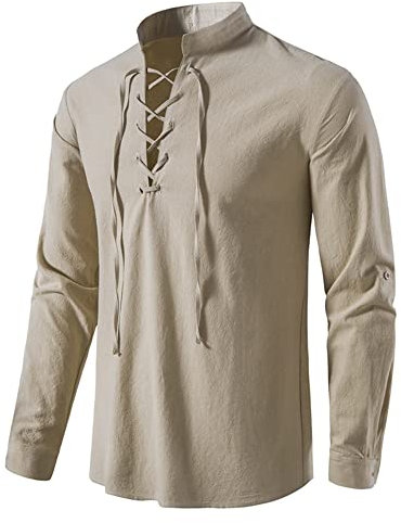 DUOLUVA Leinen Hemd Herren Langarm Kostüm Oberteile für Erwachsene Viktorian Viking Khaki XL