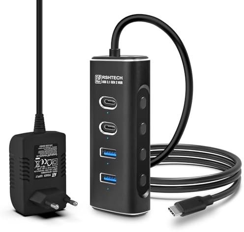 RSHTECH USB C 3.2 Hub Aktiv mit Netzteil, 4-in-1 USB C 3.1 Gen2 Hub mit 4*10Gbps USB-Datenport (2*Typ-C, 2*Typ-A), 60cm USB C kabel, 10W 5V2A Netzteil, Aluminium USB 3.2 Splitter Datenhub, RSH-A104C