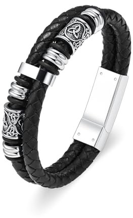 Minicremation Pulsera vikinga de urna de cremación con martillo de Thor para cenizas para hombre, pulsera de urna de cuero genuino trenzado para regalo conmemorativo humano, 22cm/8.66, Acero