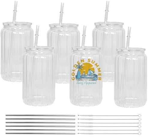 AGH life 6 Pack 16oz Clear Sublimation Glass Blanks with Lid and Straw, Vertical Stripes Sublimation Glass Cups Beer Cup Sublimation Glass Tumbler for Iced Coffee Juice