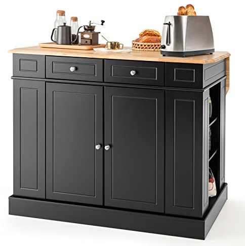 GIANTEX Küchenschrank mit erweiterbarer Arbeitsplatte, Kücheninsel Holz, Sideboard Beistellschrank Esszimmerschrank mit Schubladen & Schrank & Ablageregal, Aufbewahrungsschrank 120x61x92 cm (Schwarz)