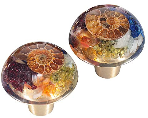 mookaitedecor Chakra Crystal Stone Drawer Knobs with Screws Set of 2, Ammonite Fossil Resin Reiki Crystal Stone Pulls Handle for Dresser Cupboard Kitchen Wardrobe Colourful Knobs Decorative Home Decor