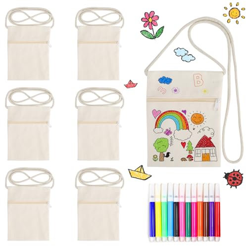 FYSL Kinder Umhängegeldbeutel, 6 Stück Stoffbeutel zum Bemalen und 12 Stück Aquarellstifte, Beige Brustbeutel für Kinder, Taschen zum Bemalen für Geburtstagsfeier Schule Feier