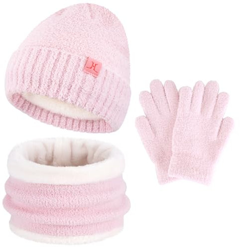 Enfant Garçon Fille Hiver Chapeau Bonnet Echarpe Gants Ensemble 4 5 6 7 8 Ans Polaire Bonnets Pom Casquette Cache Cou Gant Cadeaux pour Filles Garçons