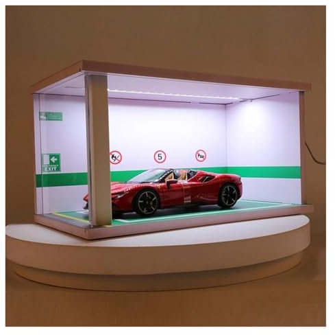 Car Garage Modello 1:18 Modelli di Auto Parcheggio Solido Modello di Garage con luci e Copertura Antipolvere in Acrilico(Style 1)
