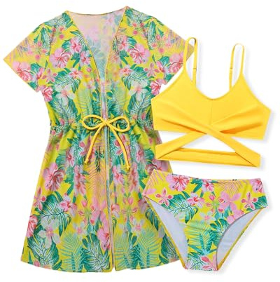 Trsenvrml Girls Swimming Costume Kids 3 Piece Bikini Set Swimsuit Tops + Briefs + Swim Cover-ups for Beach Pool