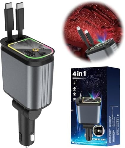 4 in 1 Retractable Starry Stars Proof Car Charger, Star Night Light Double Type C Fast Charging Car Adapter, Retractable Car Charger with Star Projector & LED, Cable Car USB Charger (C+L)