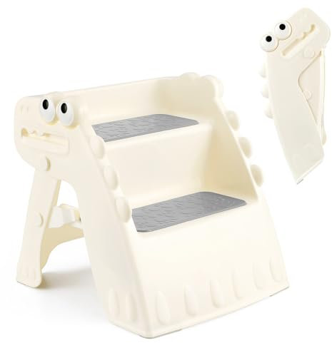 Onasti Sgabello Pieghevole per Bambini – Sgabello Antiscivolo a 2 Gradini per Bambini, Scaletta 2 gradini per bambini Ideale per Vasino, Bagno, Cucina e Altro – Design a Dinosauro (Bianco)