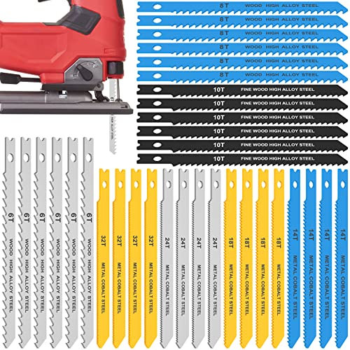 34Pcs Stichsägeblätter Set 6/8/10/14/18/24/32 TPI Sägeblätter Stichsäge mit Werkzeugtasche Kohlenstoffstahl Stichsägeblatt Lang zum Schneiden von Buntmetallen Holz Kunststoffen