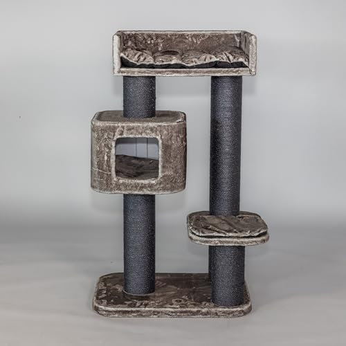 Arbres à Chat RHRQuality pour Grands Chats - Devon Rex - 120 cm de Haut - avec poteaux en sisal de 15 cm et Maison de Jeu - Blackline Taupe