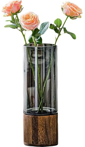 PIDUDU Vase artistique en verre en bois, base en bois fumé, vase cylindrique en verre fumé, vase de 30,5 cm de haut pour entrée, table à manger, étagère, salon et décoration d'intérieur moderne