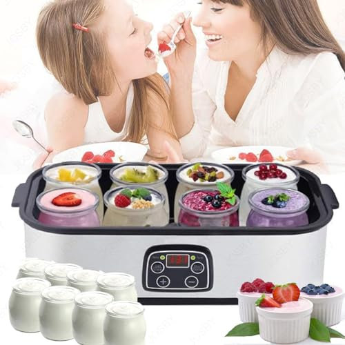 JOSBY Yogurtiera Automatica da 1400 ML, Macchina per Yogurtiera con Display LCD da 25 W, con Contenitori in Vetro da 180 ML, Controllo della Temperatura e del Tempo Regolabili, Acciaio Inossidabile