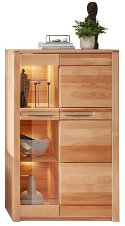 möbelando Stauraumvitrine >Nature One< in Kernbuche Teil-massiv FSC-Zertifiziert - Moderner Vitrinenschrank mit LED-Beleuchtung und viel Stauraum - 85 x 137 x 40 cm (B/H/T)