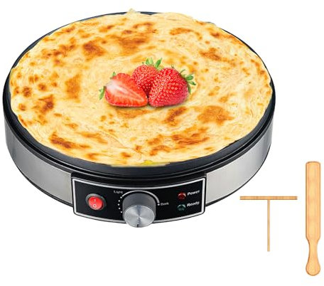 Crêpière électrique, 1000W de Puissance, Appareil à Crêpes Inox, avec revêtement antiadhésif, Diamètre de 30 cm, spatule et répartiteur incl, pour Pancakes, Galettes, Omelettes