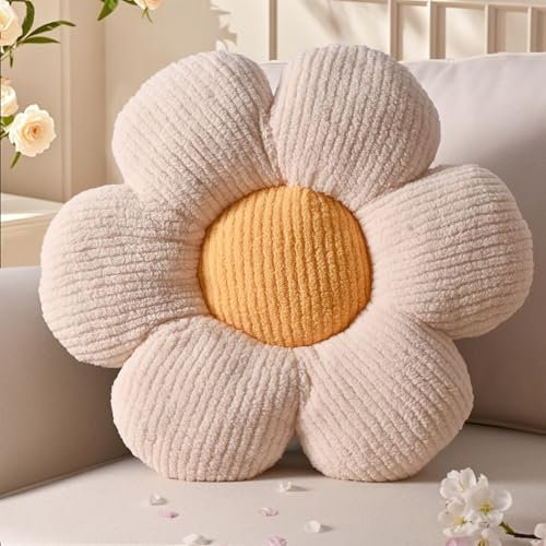 Yhoelata Blumenkissen, Creme Gelb Blumengestalt Zierkissen, Plüsch Bodenkissen für Sofa & Bett Kinderzimmer, Mädchen Dekoratives Gänseblümchen Design Wohnkissen 40cm