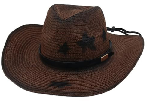 OhMill Retro Straw Wide Brim Cowboy Sun Hat with Star Beach Travel Hat Cap, UV Protection for Men Women Coffee