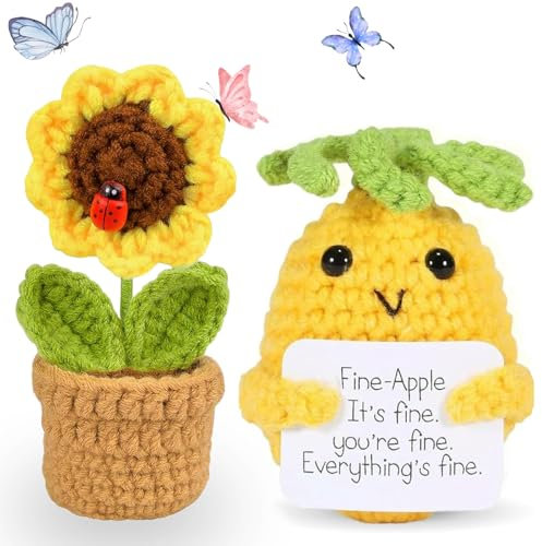 Emotional Support Gift, Positive Crochet Pineapple Sunflower Pot, Positive Gifts with Packing Box, 3.15Inch Good Luck Crochet Gift Handmade Cute Doll for Women Men, Cheer Up Crochet Sunflower Gifts