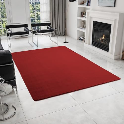 HomebyHome Kurzflor Teppich Wohnzimmer 120 x 160 cm Rot - Teppich Weich, Waschbar, rutschfest, modern einfarbig Design - für Schlafzimmer, Küche, Esszimmer