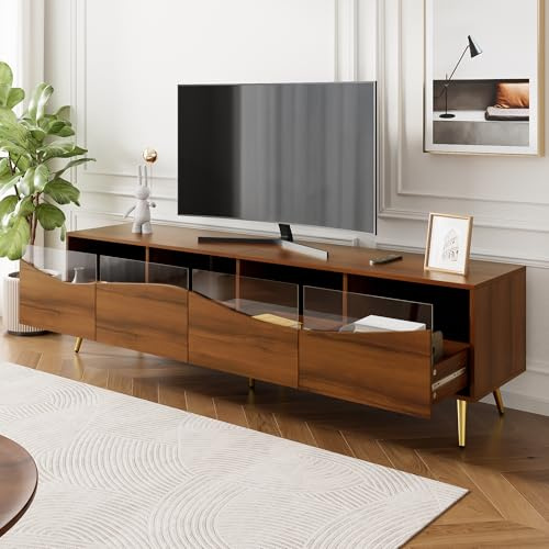 NovaFurnish Moderner TV-Schrank 180 x 40 x 50 cm mit LED-Beleuchtung, holzfarbener Korpus, goldenen Metallfüßen, Glasfront & Stauraum – stilvolles Lowboard für Wohnzimmer (Walnussfarbe)