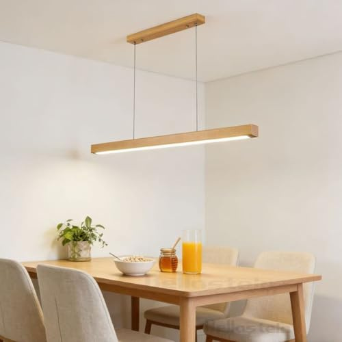 Holz Pendelleuchte LED Esszimmer Dimmbar Esstischlampe Hängelampe Linear Design Hängeleuchte Dimmbare LED Pendellampe mit Fernbedienung, Höhenverstellbare für Büro Küche Esszimmer (Holz, 120)