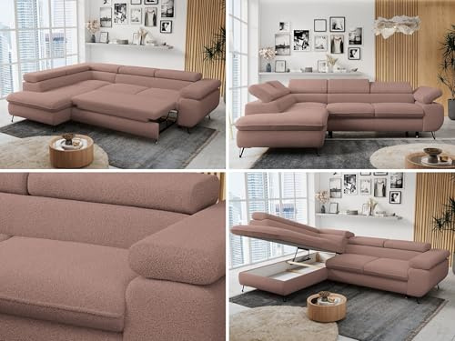 MKS MEBLE Ecksofa Wohnlandschaft L-Form mit Schlaffunktion und Bettkasten, Schlafsofa mit Bettkasten, Sofa mit Einstellbare Kopfstützen, Peter L - Boucle - Links Rosa (mit Topper Visco)