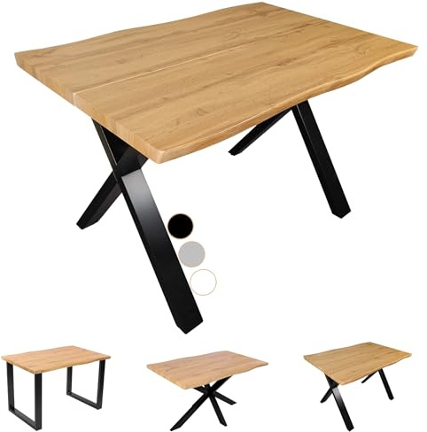 SAM Esstisch Dua 140x80 cm Holz-Optik Wildeiche X-Gestell schwarz | 40 mm Tischplatte geteilt mit Baumkante, Metallgestell, Tisch für Esszimmer & Küche