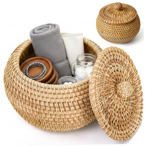 Cesta redonda de mimbre pequeña con tapa, cuenco de ratán multiusos, organizador decorativo, cesta de almacenamiento con tapa, para estante, hogar, decoración de baño