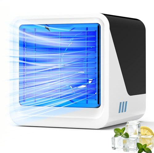 Condizionatore Portatile, 4 in 1 USB Mini Climatizzatore ad Acqua 500ML, 3 Velocità, Aria Condizionata senza Tubo Luce 7 Colori, Ventilatore Raffrescatore d'Aria per Uso Personale, Casa, Ufficio