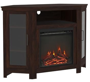 Walker Edison Tall Wood Corner Fireplace Stand for TV's up to 55 Flat Screen Living Room Entertainment Center, 48 Inch, Traditional Brown