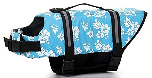 Hund Schwimmweste Schwimmen Sicherheitsmantel Schwimmschwimmweste Lebensretter mit Griff für kleinen Hund Welpen großen Hund (Blau Blume, XXS)
