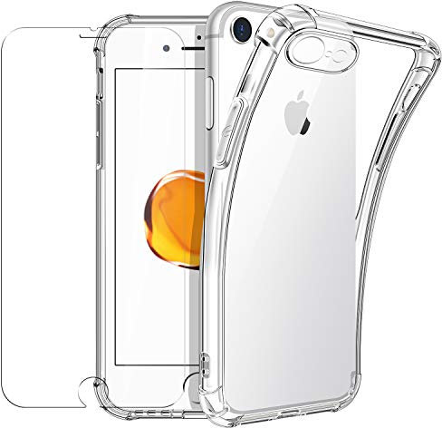 New&Teck hülle für iPhone 8/7 Und hülle für iPhone SE 2022/2020 + Hartglas-Displayschutzfolie, Durchsichtig Case Transparent Silikon Schutzhülle Premium 9H Gehärtetes Glas