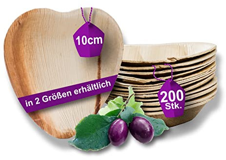Waipur Assiette Palmier- 200 Assiettes Cœur 10 cm - Vaisselle Jetable de Qualité Supérieure - Stable, Naturelle et au Design Unique - Assiette de Fête Authentiques