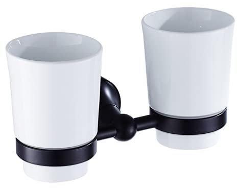 Retro Dual-Becherhalter Bad Set, Messing Wandmontag Zahnbürstenhalter Schwarz Antike Bronze Badezimmer-Zubehör mit Doppel Keramik Becher