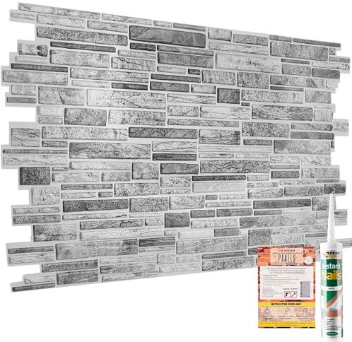 NOVECRAFTO Natural Stone Effect 3D Wall Panels - 4 Sheets Covering 19.84 sqft (1.84 sqm) Decorative PVC Plastic Cladding Panel Size 37.79 x 18.89 in (96x48 cm) – Grey Natural Stone Brickwork Pattern