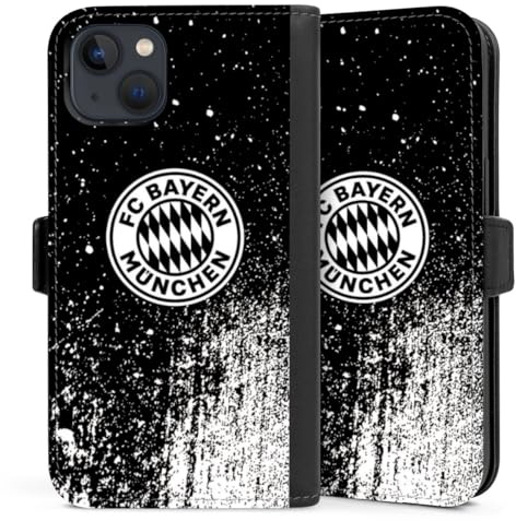 Klapphülle kompatibel mit Apple iPhone 13 Handyhülle aus Kunst Leder schwarz Flip Case FC Bayern München Offizielles Lizenzprodukt FCB