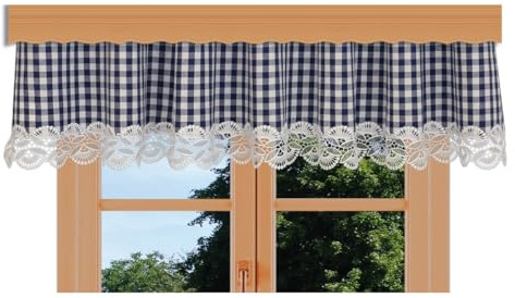 kollektion MT Querbehang Hannah mit Vogtländischer Spitze – hochwertige Landhaus-Gardine blau-weiß kariert | rustikaler Baumwollstoff Blickdicht | Volant mit Reihband Höhe x Breite 30 x 150 cm