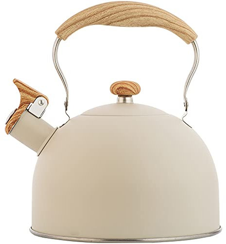 Wasserkessel Induktion Pfeifkessel Aus Edelstahl, Wasserkocher Kaffeekanne Elektroherde Teekessel Mit Flöte, Flötenkessel Mit Holzmaserungsgriff, Teekessel Für Alle Kochplatten, Max. 2.5L (Beige)
