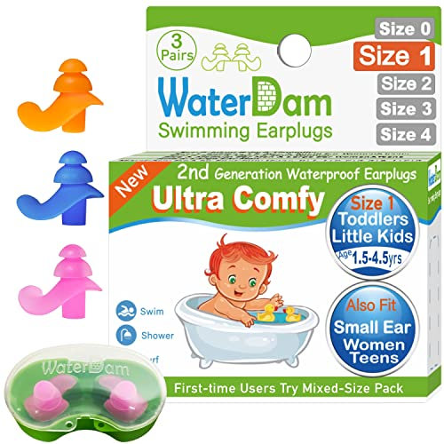 WaterDam Tappi per le orecchie da nuoto, impermeabili, ultra comodi, per prevenire le orecchie del nuotatore (taglia 1+1+1: bambini ed extra piccoli, adolescenti e donne (arancione, blu, rosa))