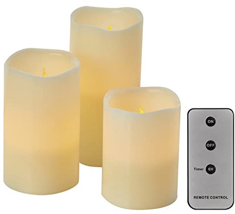 EMOS Rustikale LED Wachskerzen im Vintage-Stil, 3 Stück, 6h Timer, Vintage-Lichtfarbe, batteriebetrieben (je 3x AAA), mit Fernbedienung (1x CR2032), Lebensdauer 10000 Stunden, Innenbereich