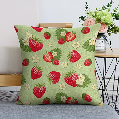 Sommer-Kissenbezüge mit Erdbeerblumen, 45,7 x 45,7 cm, Cartoon-Beeren, 2er-Set, dekorative quadratische Kissenbezüge, Standardgröße für Zuhause, Couch, Sofa, Bett, Kissenschutz
