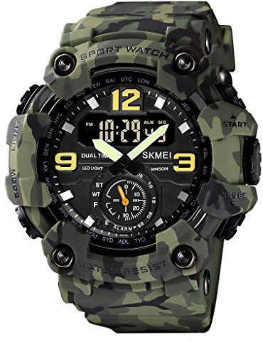 Yuxier Orologio militare da uomo Camouflage Sport Outdoor Impermeabile Orologi da polso Data Multi Funzione con LED Allarme Tempo Multiplo, Verde militare