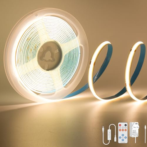 PAUTIX COB LED Strip Warm White 3000K, 3M 1440LEDs 24V CRI93 Dimmable Bright COB Light Strip Kit with 13 Keys RF Remote and 24V Power Supply COB LED Lights for Bedroom Kitchen Home DIY Projects