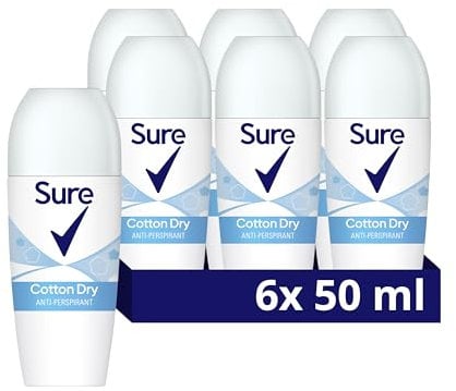 Sure Cotton Dry Anti-Perspirant Roll On Women's Deodorant with a clean fragrance inspired by fresh cotton sheets for 48 hour sweat and odour protection 6x 50 ml