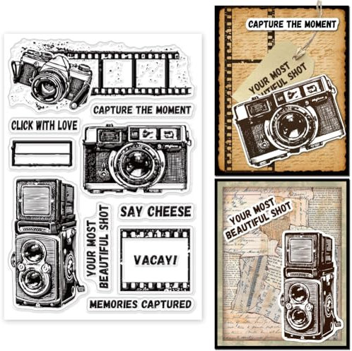 GLOBLELAND Transparente Foto-Stempel mit Kamera, Vintage-Kamera, Fotorahmen, Silikonstempel für DIY, Scrapbooking, Fotoalbum, dekorative Karten, 16 x 11 cm