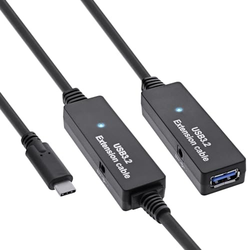 InLine USB 3.2 Gen.1 Aktiv-Verlängerung, USB-C Stecker an USB-A Buchse, Reapter-Kabel mit Signalverstärkung, lange Distanzen, für Festplatten, Drucker, Webcams, Tastaturen und mehr, 15m, 35656D