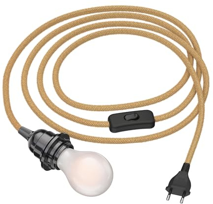 ledscom.de Hanf-Kabel LEKA mit Stecker, Schalter, 3 m, beige, inkl. E27 Lampe, Energieeffizienzklasse A, gefrostet, (warmweiß, 4 W, 935lm)